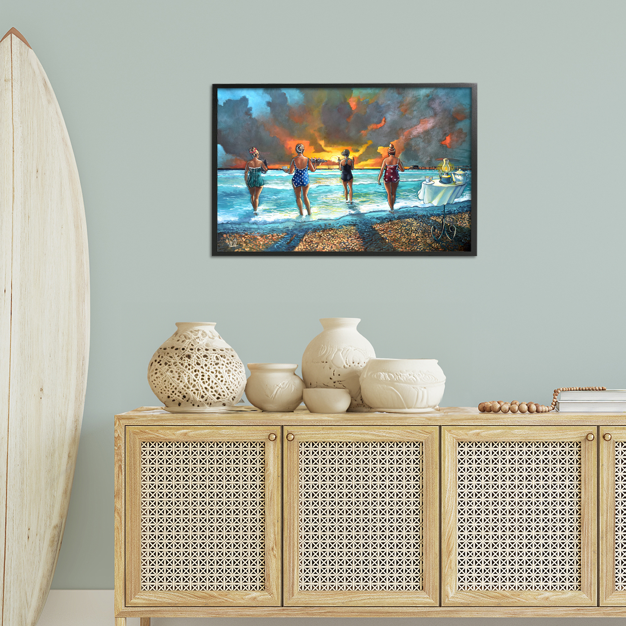 Stupell Industries Elegant Ladies on Beach Novelty Painting Black Framed Art Print Wall Art, 30 x 20