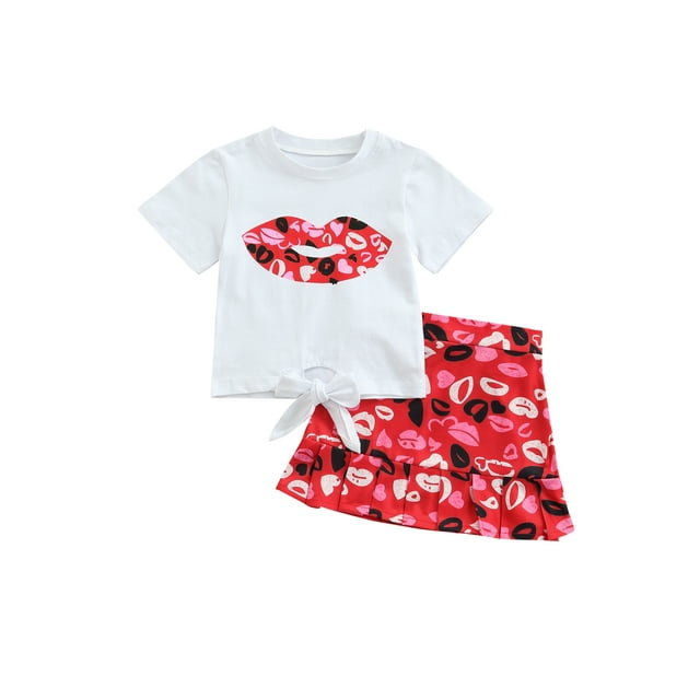 Kmbangi Ensemble d'Été pour Filles, Haut à Manches Courtes avec Lèvres + Jupe Courte à Volants + Bandeau