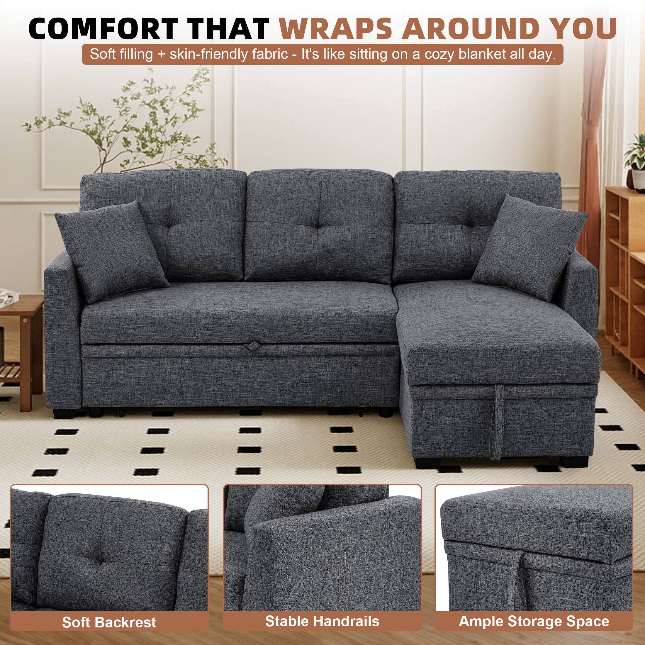 Aukfa Pull-Out Sleeper Sofa Bed with Storage Chaise, Reversible Loveseat for Living Room, Linen, Dark Gray