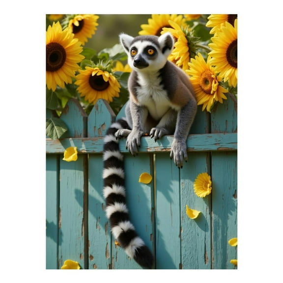 Diamond Art Kits for Adults, Lemur Sunflowers Fence Bright Scene 5D Diamond Painting Kits for Adults Beginners, DIY Full Drill Diamond Painting, Gem Art and Crafts 12x16