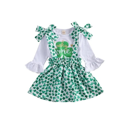 

Meihuida Girls Two-piece Skirt Suit White Long Flared Sleeves Tops and Green Clover Print Suspender Skirt