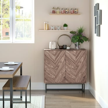 HOMCOM Sideboard Buffet Cabinet, Chevron Double Door Kitchen Cabinet, Accent Cabinet with Adjustable Shelf, Walnut