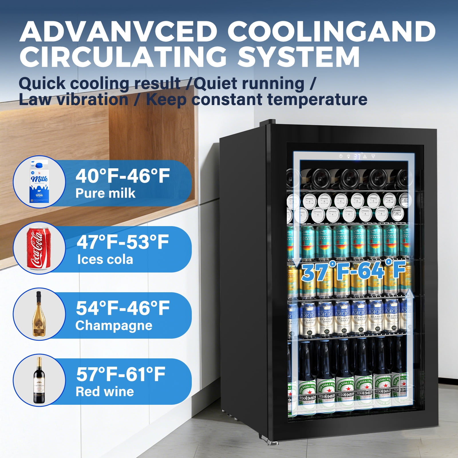 TITTLA 150 Can Beverage Refrigerator with Glass Door,Extra Bottles Rack,Touch Control Panel,Freestanding Mini Fridge,Black