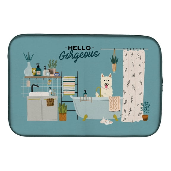 White German Shepherd in Bathtub Dish Drying Mat