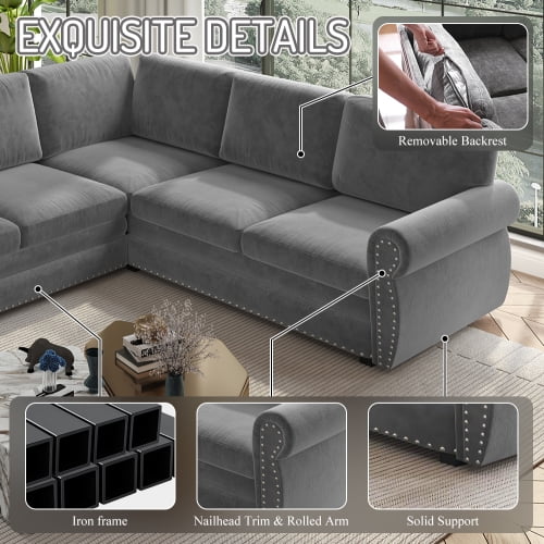 118" L-Shaped Sectional Sleeper Sofa with King Size Pull-Out Bed, Chenille Upholstered, Nailhead Trim & Rolled Arms, Grey