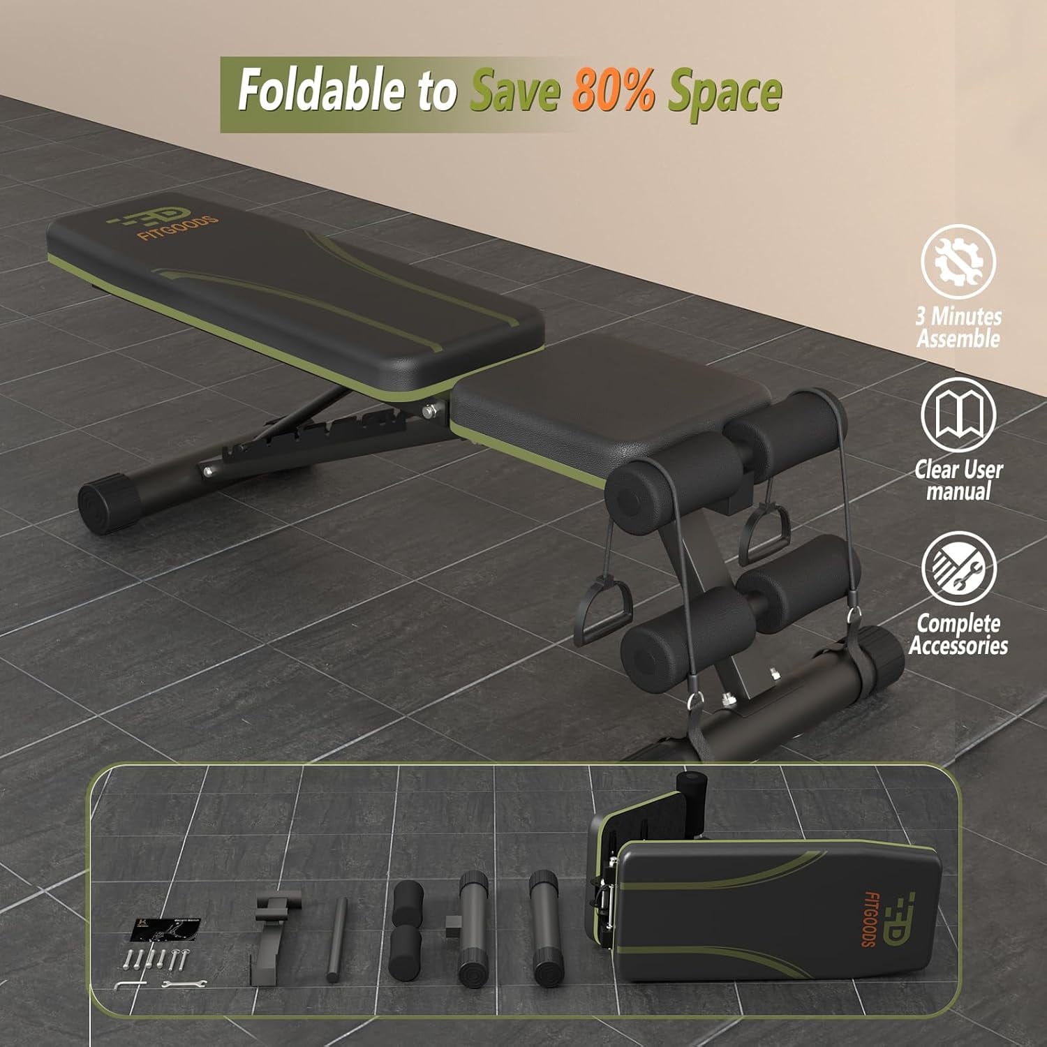 Adjustable Weight  for Home Gym, Foldable 700LBS Workout  with 9 Backrests, Multi-Purpose  Press for Incline Decline Flat with Fast Adjustment (2 resistance bands)