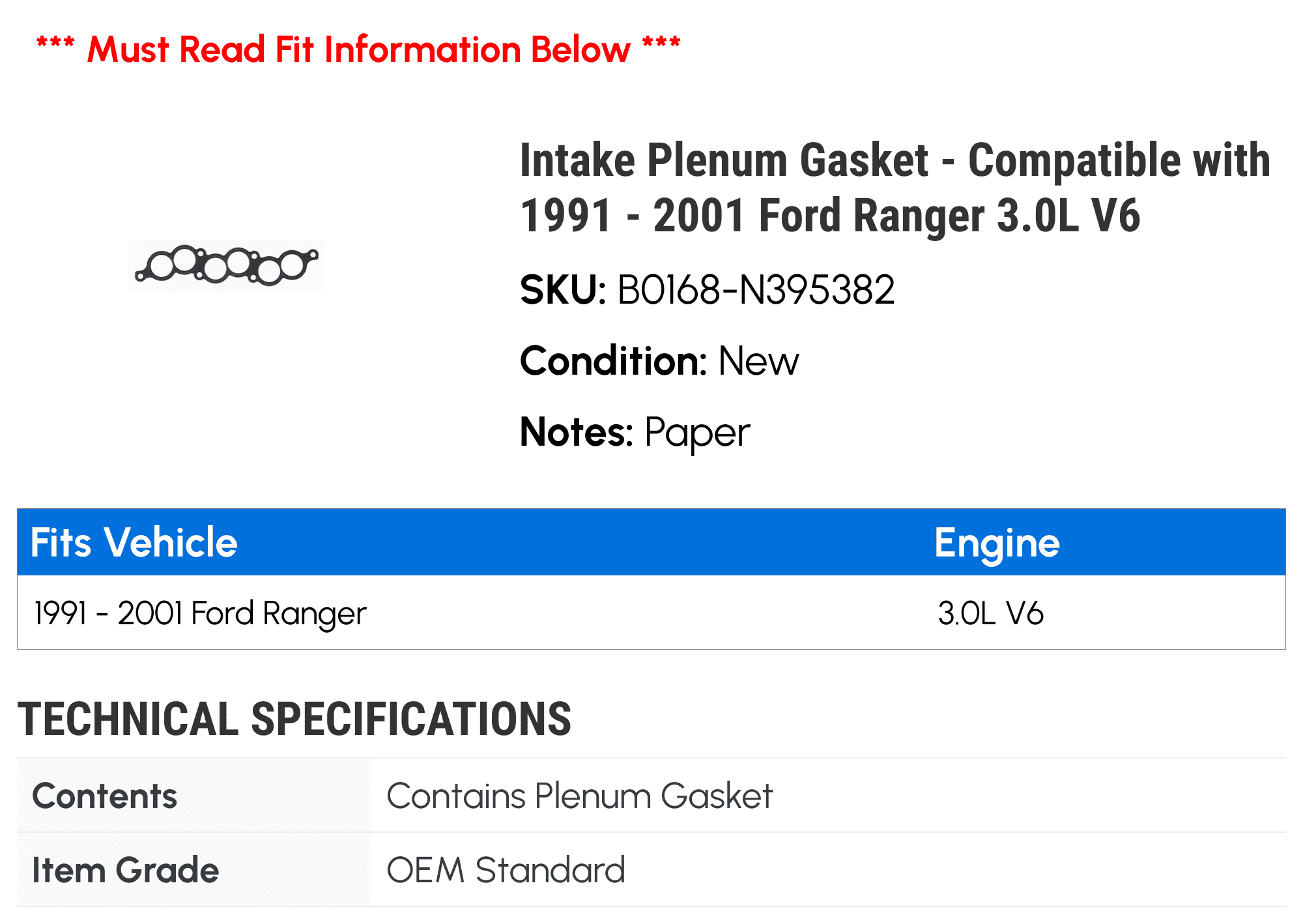 Intake Plenum Gasket Compatible with 1991 2001 Ford Ranger 3.0L V6 1992  1993 1994 1995 1996 1997 1998 1999 2000
