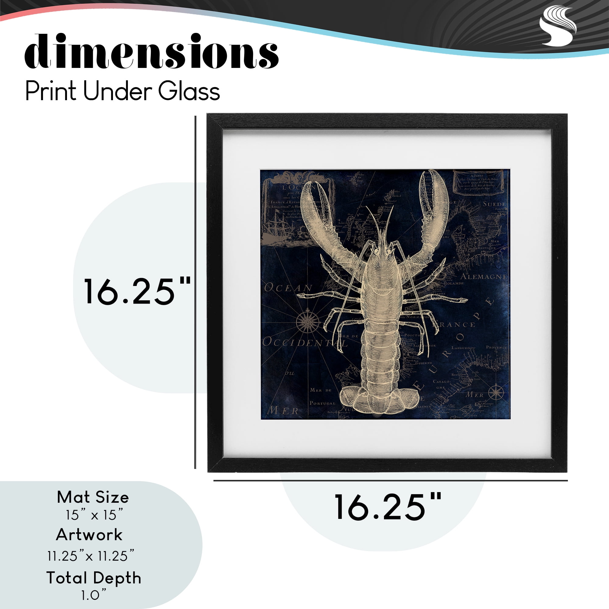 Lobster Contour over Map Black Framed Print Under Glass, design by Sasha
