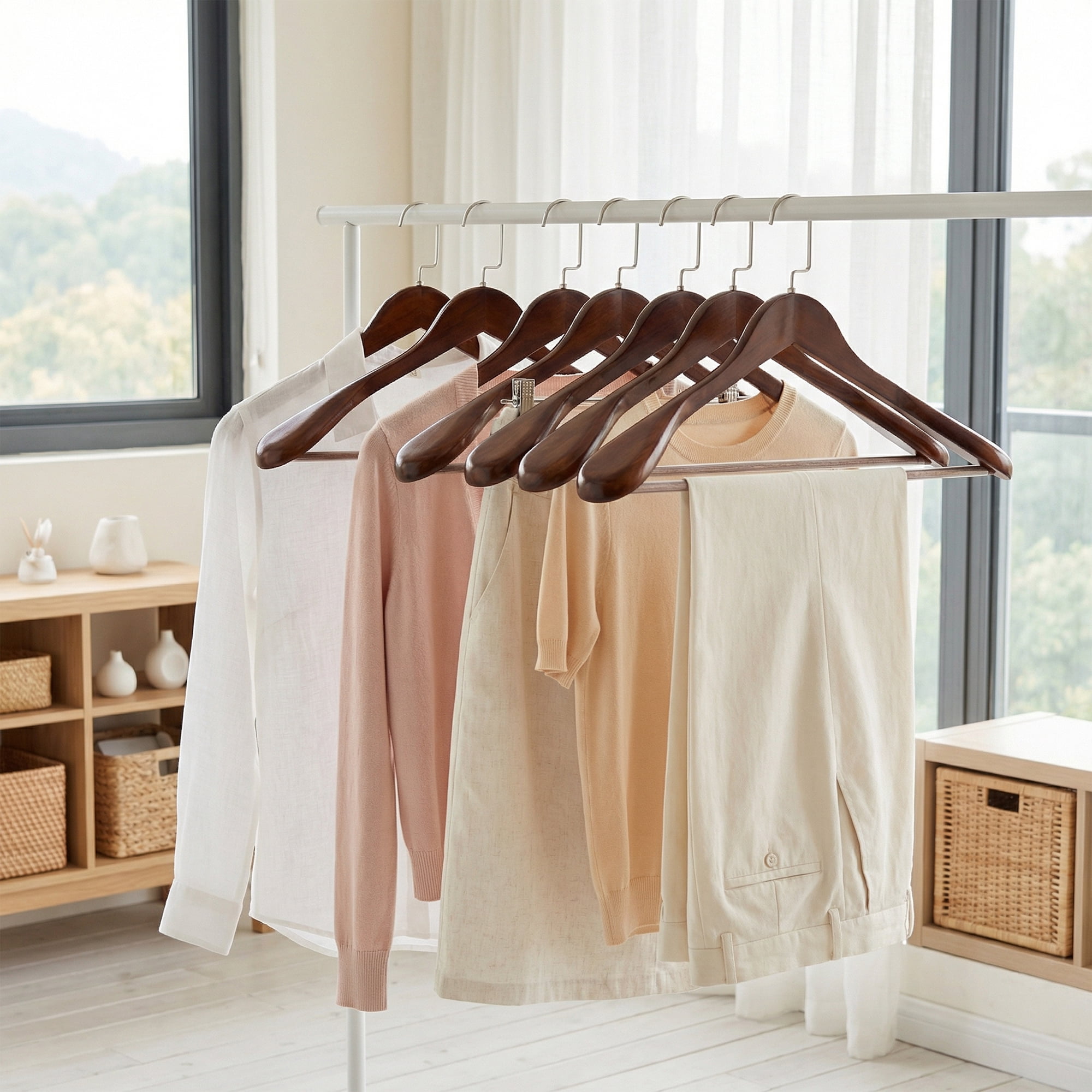 Unique Bargains 2Pcs Wood 360-Degree Space Saving Clothes Hangers Flat Hook