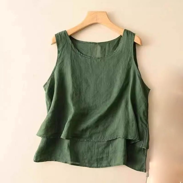 RKSTN Womens Summer Tops Sleeveless Cotton Linen Tank Top Plus Size Solid Color Crew Neck Weekend Shopping Simple Versatile Tops