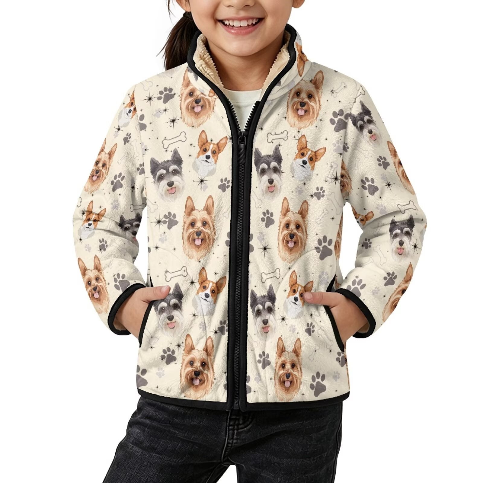 Xoenoiee Terrier Dog Paw Bone Puppy Print Girls Zip Up Jacket Soft Sherpa Fleece Coat Kids Lightweight Sweatshirt Stand Collar Outerwear Long Sleeve Winter Warm Coat with Pockets 9-10 Years