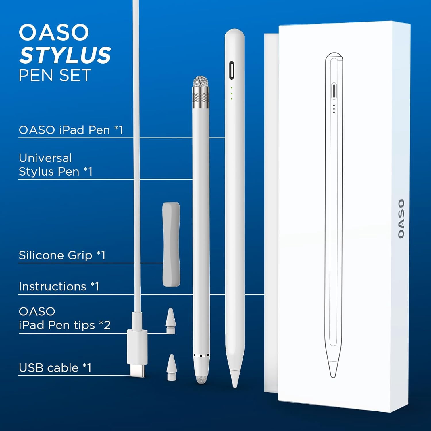 Stylus Pen, Tilt Drawing Palm Rejection Stylus Pencil for Apple iPad 6/7/8/9/10, Mini 5/6, Air 3/4/5, Pro 11''/12.9'', M2/M3/M4/M5, Include Pencil Grip & Extra Tips & Universal Stylus (White)