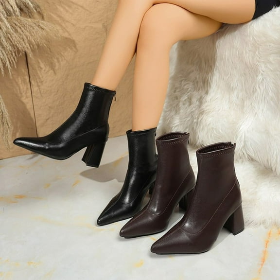 Women's Boots Chunky Mid Heel Pointy Toe Ankle Boots Women Trendy Casual Outdoor Dressy Winter Warm Shoes Comfortable Short Booties Black 8.5