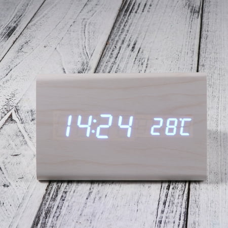 CTIRCHIU White Wood Digital Clock with LED Display Temperature and Adjustable Brightness