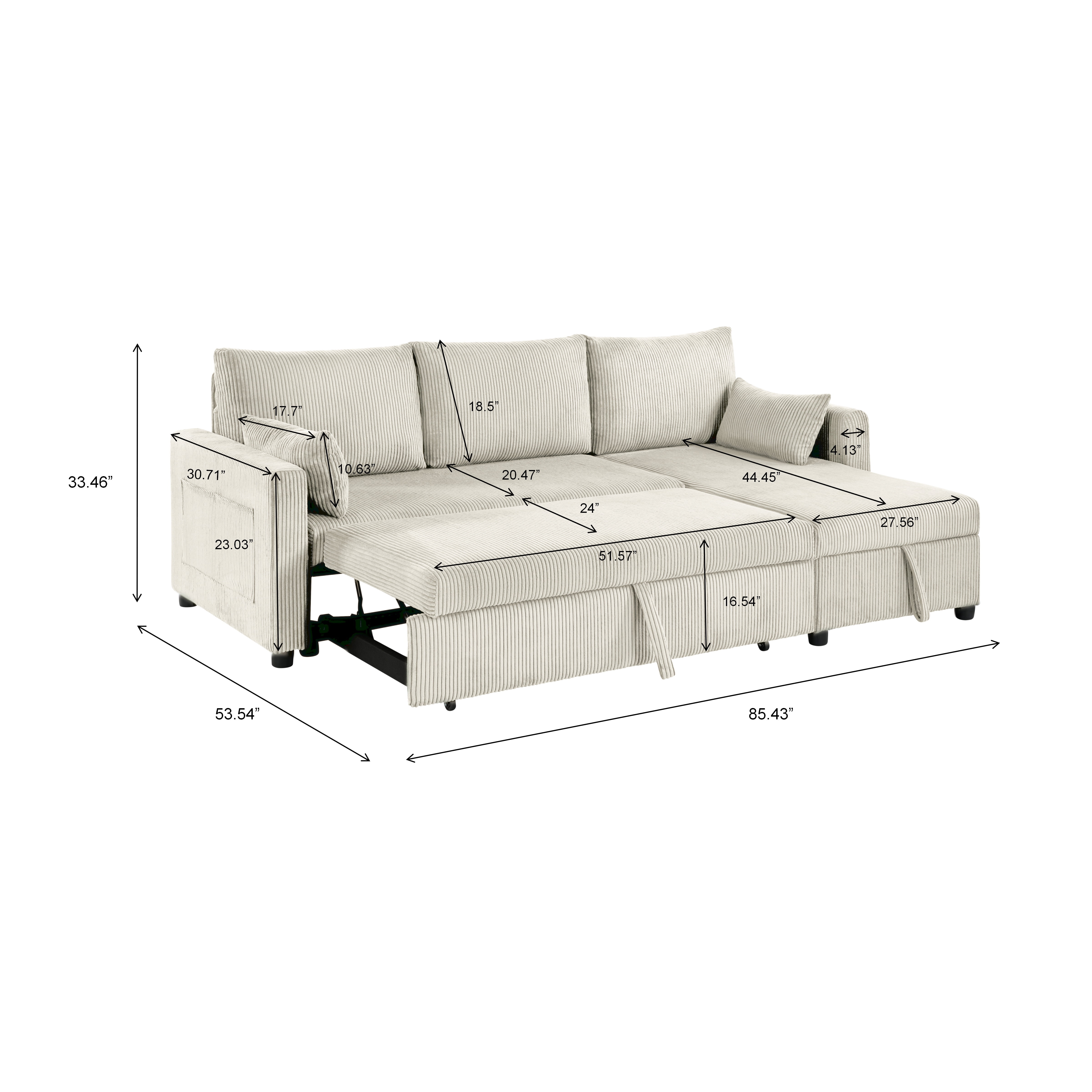Gewnee 3-Seater Convertible Sofa,Pull Out Sleeper Sofa Bed with Storage Chaise,L-Shaped Corduroy Couch for Living Room,Apartment and Office.Beige