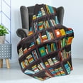 thumbnail image 4 of Bookshelf Soft Flannel Fleece Throw Blanket, Library Themed Cartoon with Shelves Full of Books School Study Education Print, Cozy Plush for Indoor and Outdoor Use, 50" x 70", Multicolor, by Ambesonne, 4 of 5