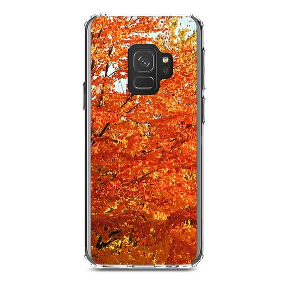 DistinctInk Clear Shockproof Hybrid Case for Samsung Galaxy S9 (5.8" Screen) - TPU Bumper, Acrylic Back, Tempered Glass Screen Protector - Orange Autumn Leaves