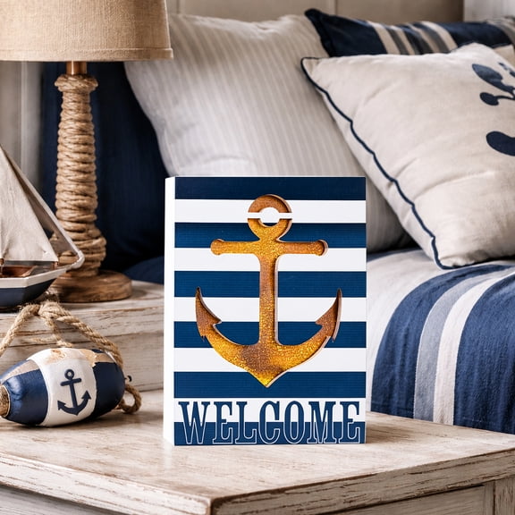 Northlight LED Lighted Striped “Welcome” Anchor Wall Art - 9.75" - Blue and White