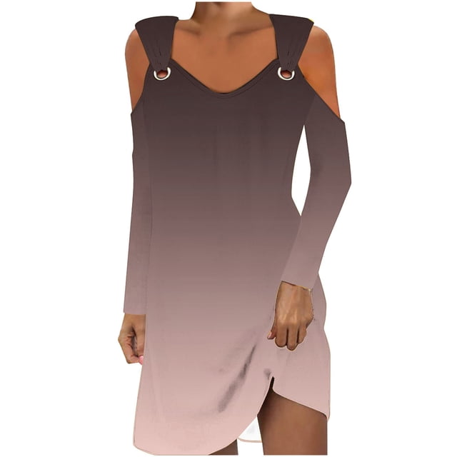 Robes d'Automne pour Femmes Grande Taille Robe à Épaules Dénudées pour Femmes Automne Manches Longues Col en V Ligne A Mini Robe Soleil Tunique Robes Robe Invitée de Mariage Automne P-29 Brun m