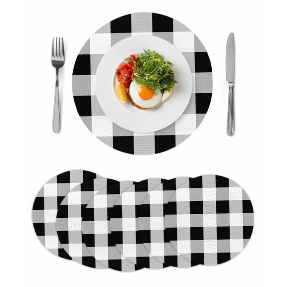 Black White Plaid Round 15 Inch Placemats Set of 6, Spring Farmhouse Buffalo Checkered HeatResistant Non Slip Place Mats for Dining Table, Wipeable Braided Kitchen Table Mats for Housewarming