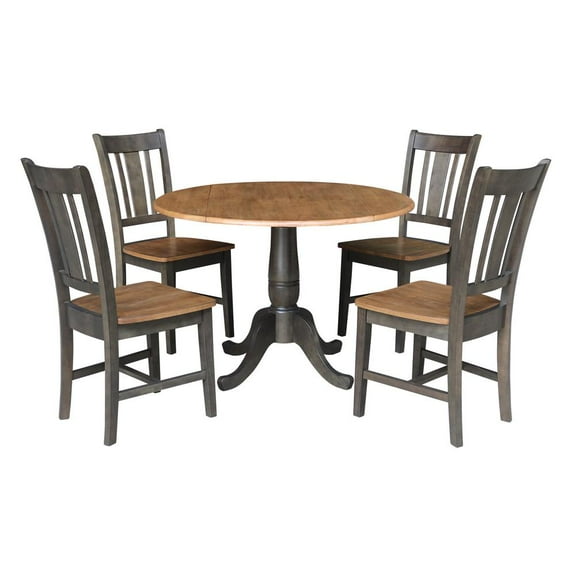 Wood 42 in. Round Drop Leaf Dining Table with 4 Chairs in Hickory/Washed Coal