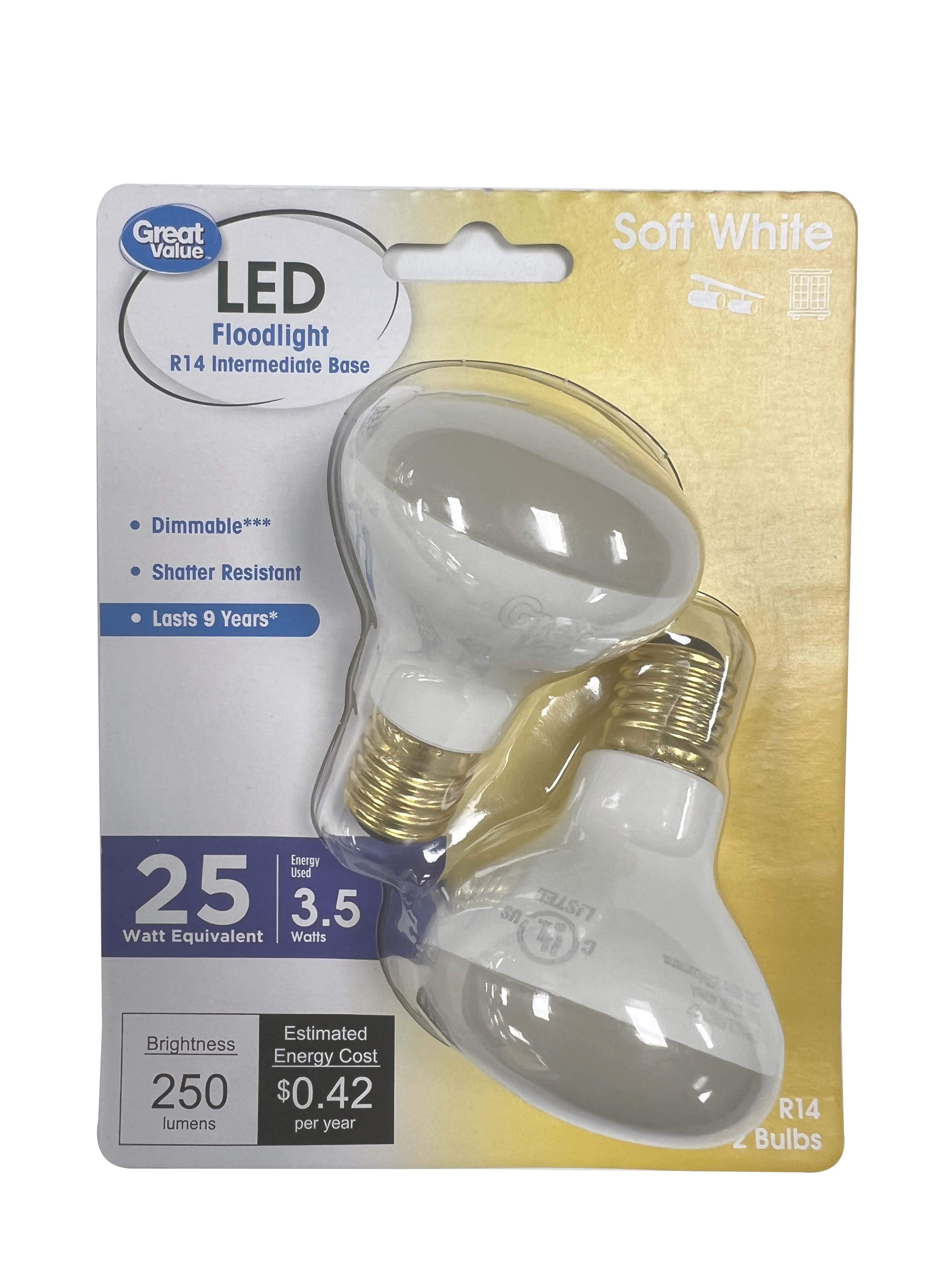 Great Value LED 3.5 Watts Soft White Directional R14 bulb E17 base, 2 Count