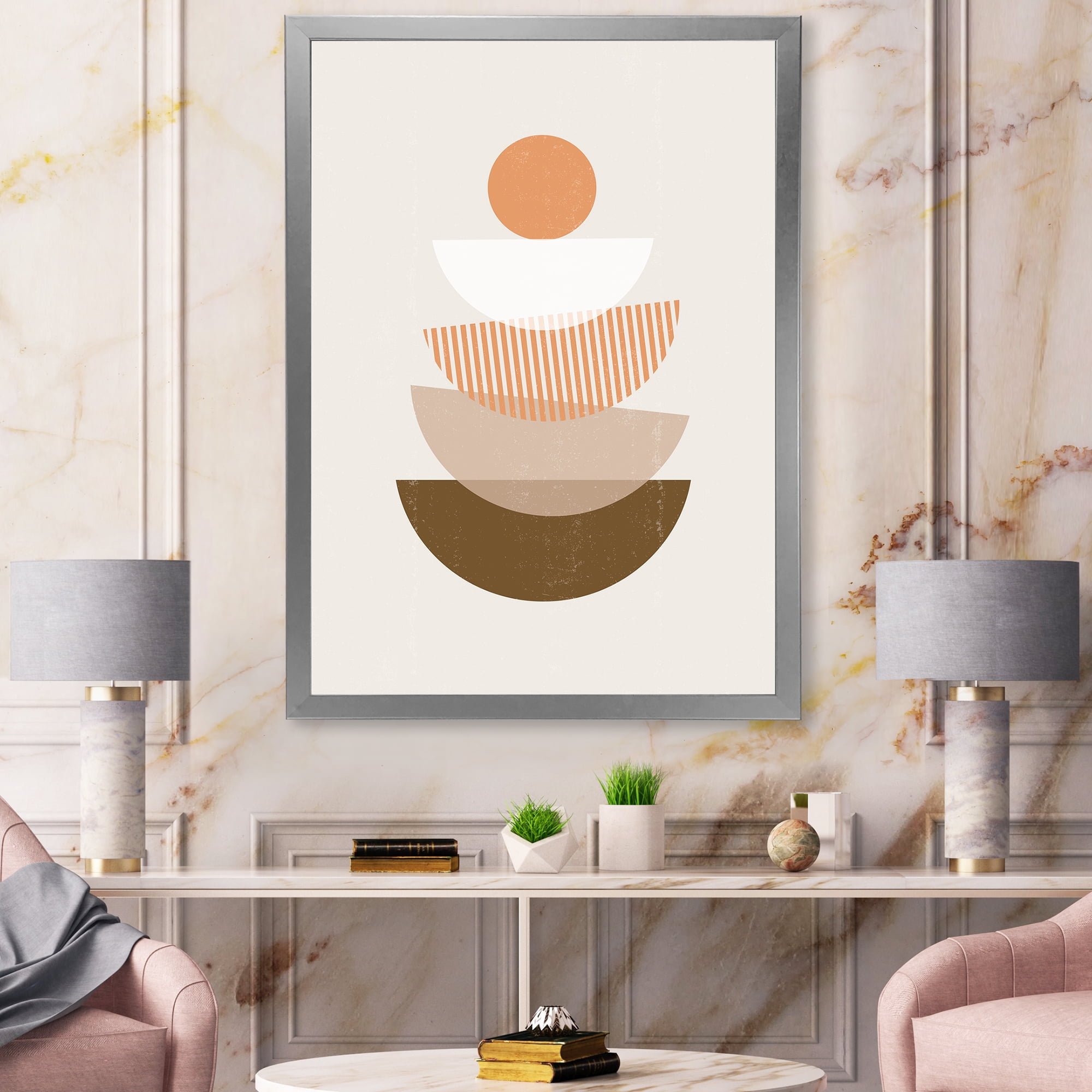 Designart 'Abstract Moon and Sun Geometrics In Terracotta I' Modern Framed Art Print