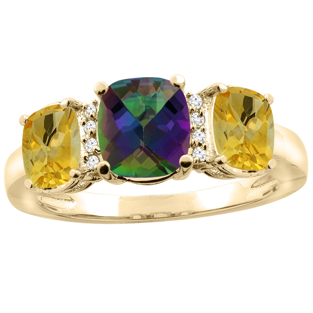 14K Yellow Gold Natural Mystic Topaz & Citrine 3-stone Ring Cushion 8x6mm Diamond Accent, sizes 5 10 by WorldJewels