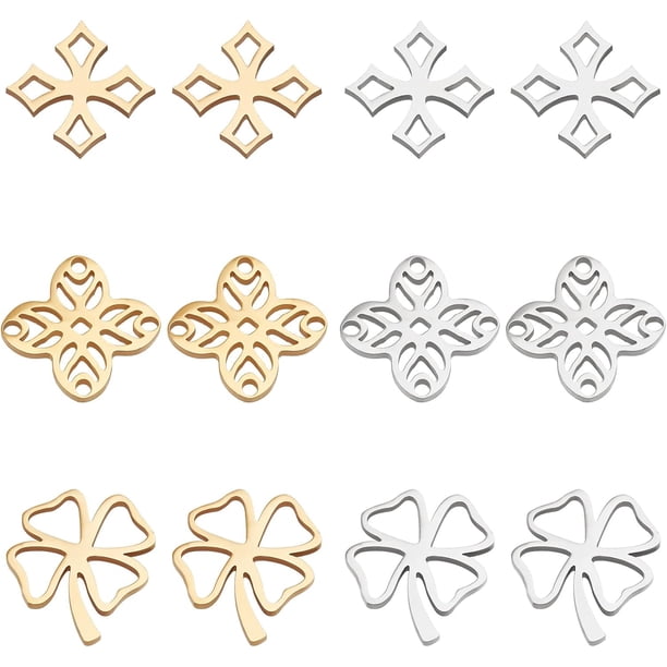 24 piezas de 3 estilos y 2 colores de trébol de cuatro hojas hueco, dijes de flores, conectores de filigrana, conectores de acero inoxidable dorado.