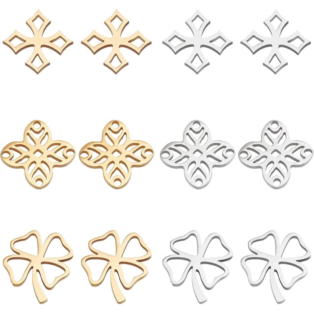 24 piezas de 3 estilos y 2 colores de trébol de cuatro hojas hueco, dijes de flores, conectores de filigrana, conectores de acero inoxidable dorado.