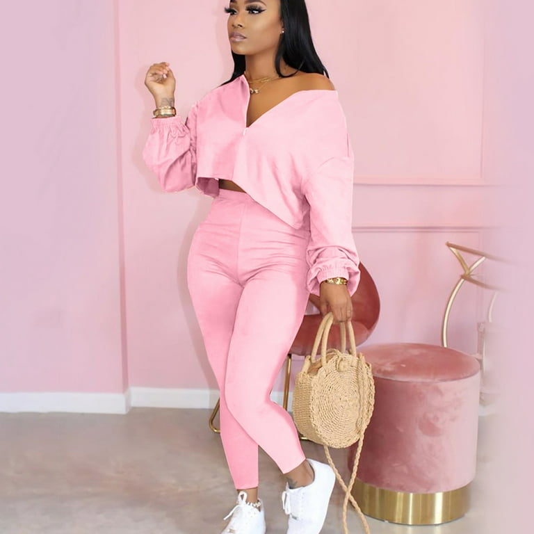 YWDJ Two Piece Outfits for Women Dressy Pants Set Fashion V-neck Long  Sleeve Short Top Casual Pants Set Pink L 