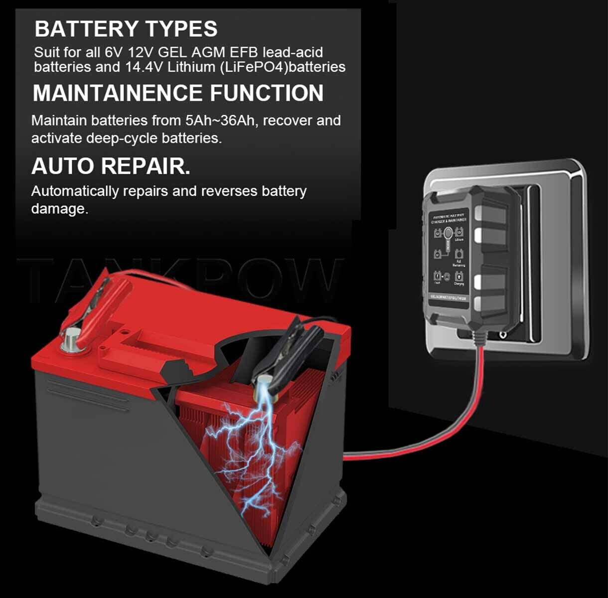 Universal AWBEEPZ1-1 Battery Charger Maintainer 1.5A 6V/12V/14.4V for Lead Acid LiFePO4 Batteries