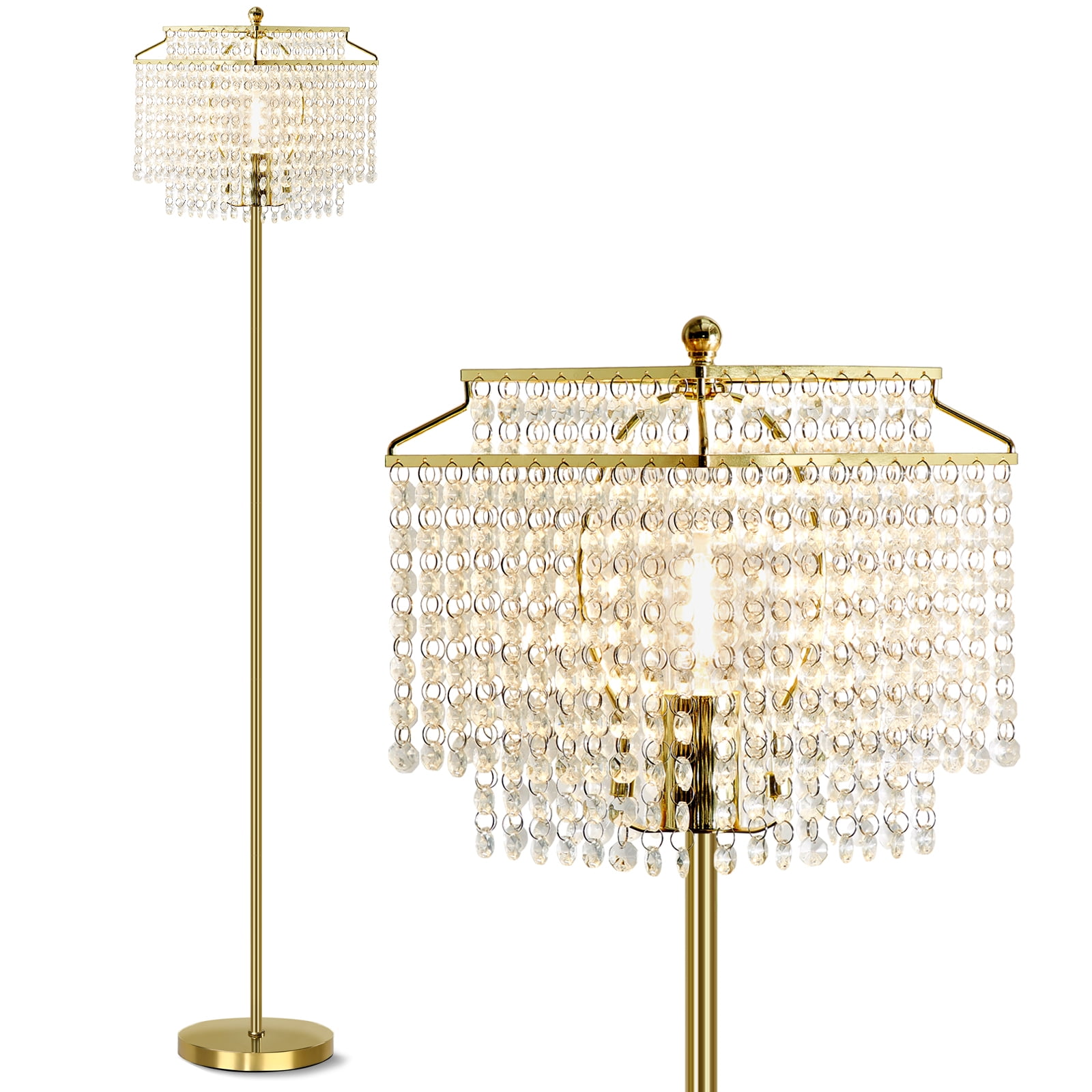 Natyswan Crystal Floor Lamp Gold, DoubleLayer Crystal Shade, Metal