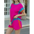 thumbnail image 4 of JWD Women's Short Sets 2-Piece Casual Short Sleeved Pullover and Color Blocked Elastic Waistband with Pockets Shorts Ribbed Fabric Summer Set, 4 of 8