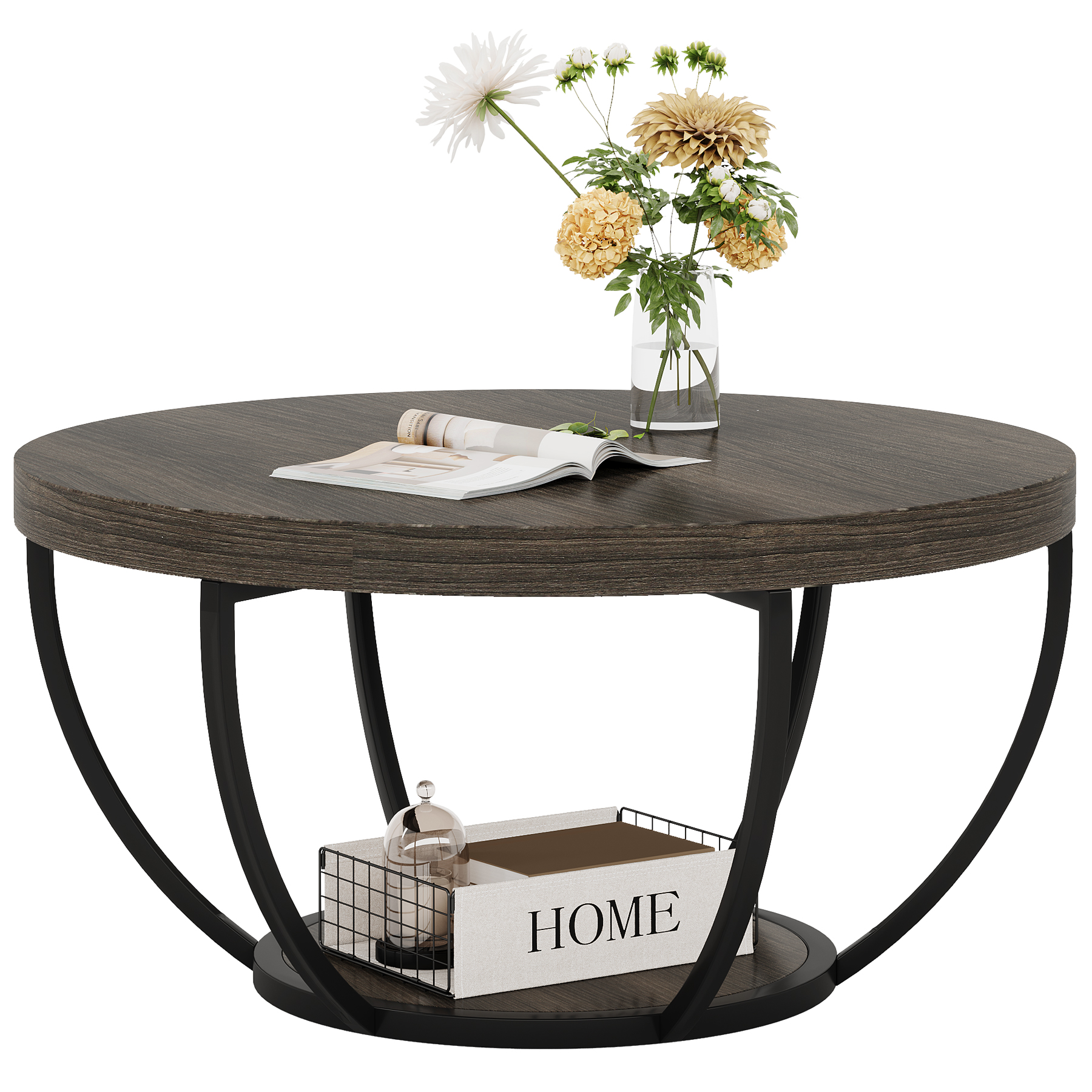 Fnova Coffee Table with 2 - Tier Storage, 32" Round Wood Coffee Table with Metal Legs, Modern Rustic Style Center Table for Living Room, Dark Gray and Black