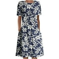 thumbnail image 1 of QJUHUNG Midi pour Femmes Été Décontracté en Vrac Boho Imprimé Floral Col Rond Manches Courtes Genou Longueur Robe Froncée avec Poches, 1 of 4