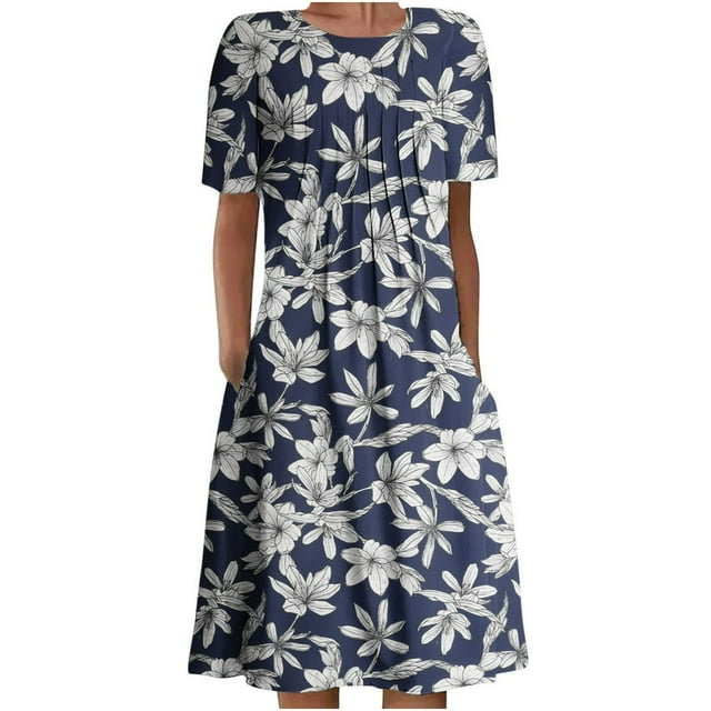 QJUHUNG Midi pour Femmes Été Décontracté en Vrac Boho Imprimé Floral Col Rond Manches Courtes Genou Longueur Robe Froncée avec Poches