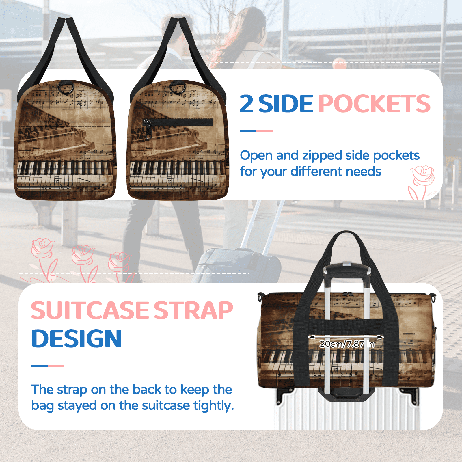 Herdesigns Piano Keys Gym Bag for Women, Duffle Bag for Travel Sport, Music Note Theme Lightweight Waterproof Carry on Weekender Dance Yoga Workout Bags