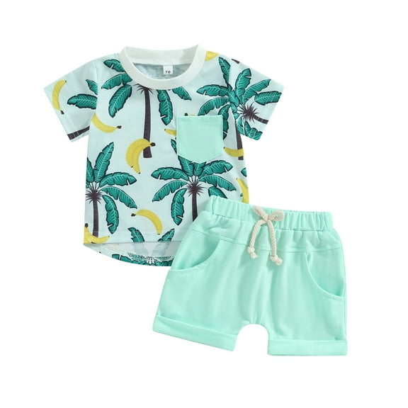 Toddler Baby Boy Clothes 6M 12M 18M 24M 3Y Beach Short Sleeve Palm Print Hawaiian T-Shirt and Drawstring Shorts Set Summer Outfit