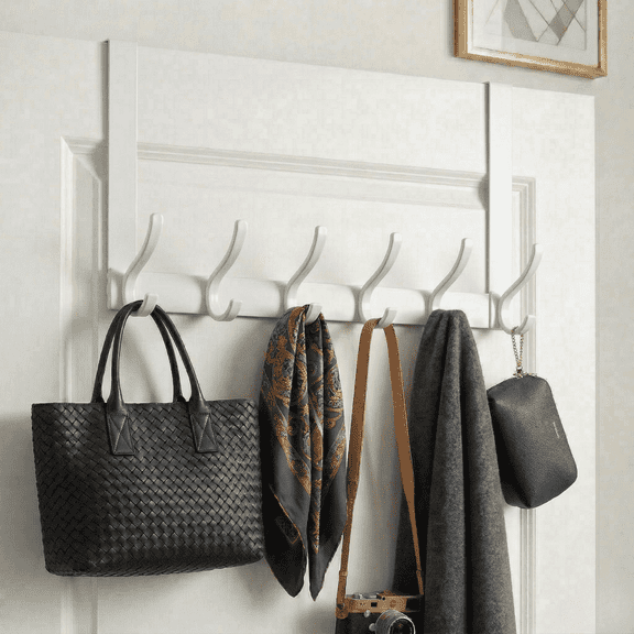 Peasulin 1 Pack Classic White Extended Deep Hooks Heavy Duty Over the Door Hooks, 6 Hook Door Hanger, Space Saving Coat and Towel Organizer, Closet Storage for Bedroom Bathroom
