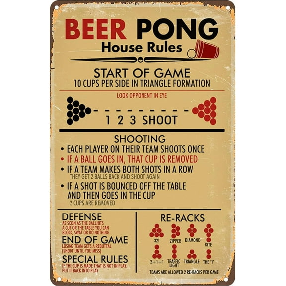 8 x 12 in Metal Tin Sign - Beer Pong House Rules Tin Sign Vintage Metal Tin Sign Beer Pong Room Decor Game Rule Posters 8x12 Inch