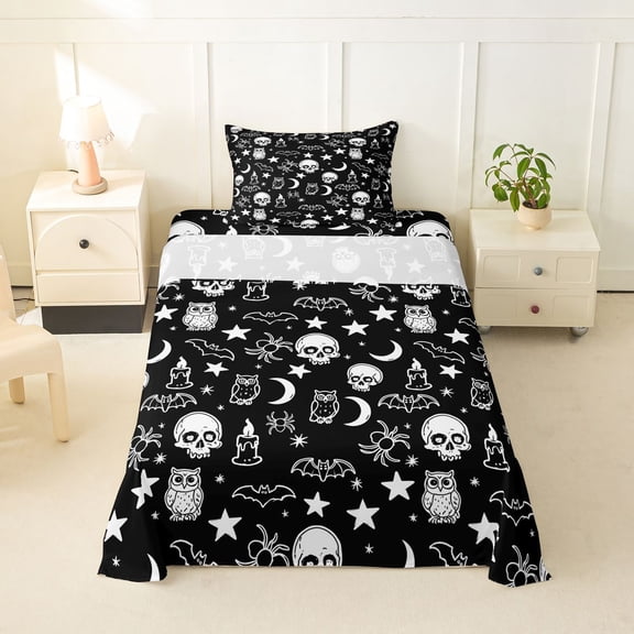 Homewish Halloween Skull Bats Twin Sheets,Moon Stars Bedding,Black White,3pcs,1 Fitted Sheet and 1 Pillowcase