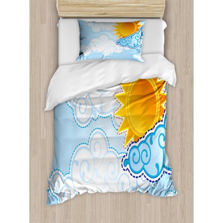 Cloud Twin Size Duvet Cover Set, Cartoon Summer Season Ornamental Sunny Day Illustration with Swirls, Decorative 2 Piece Bedding Set with 1 Pillow Sham, Blue Pale Blue and Orange, by Ambesonne