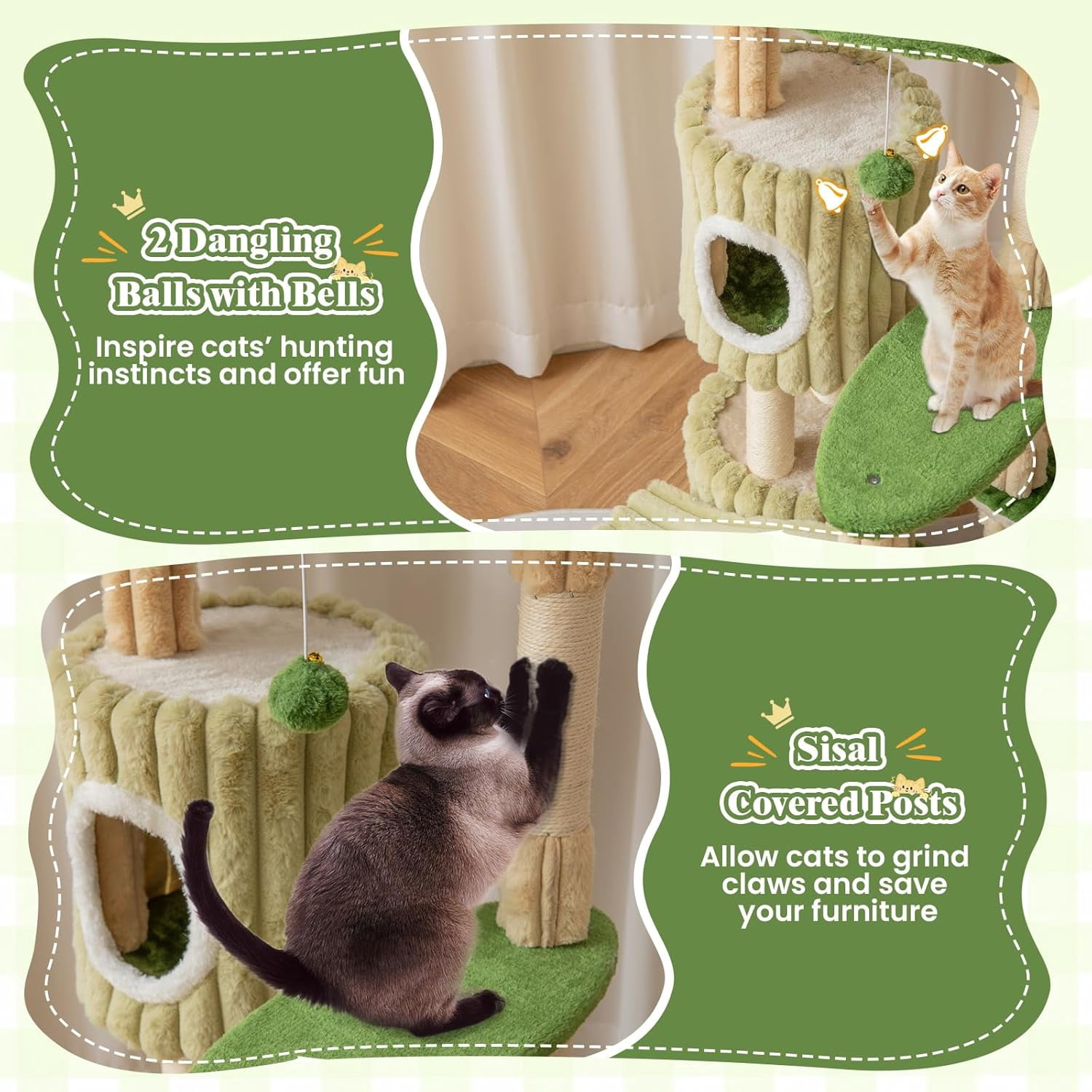 LEHOME 63 Inch Tall Cat Tree, Cute Green Cat Tower with 2 Condos, Plush Top Perch, 2 Basket Beds, Sisal Scratching Posts, 2 Dangling Balls, Slide Platform, Large Aesthetic Cat Tree for Indoor Cats