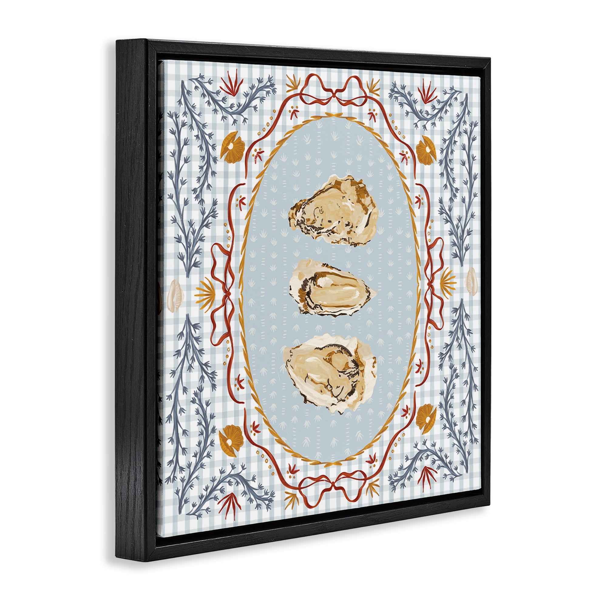 Stupell Industries Oyster Trio on Blue Gingham Black Framed Floater Canvas Wall Art, design by Vero Illustrates