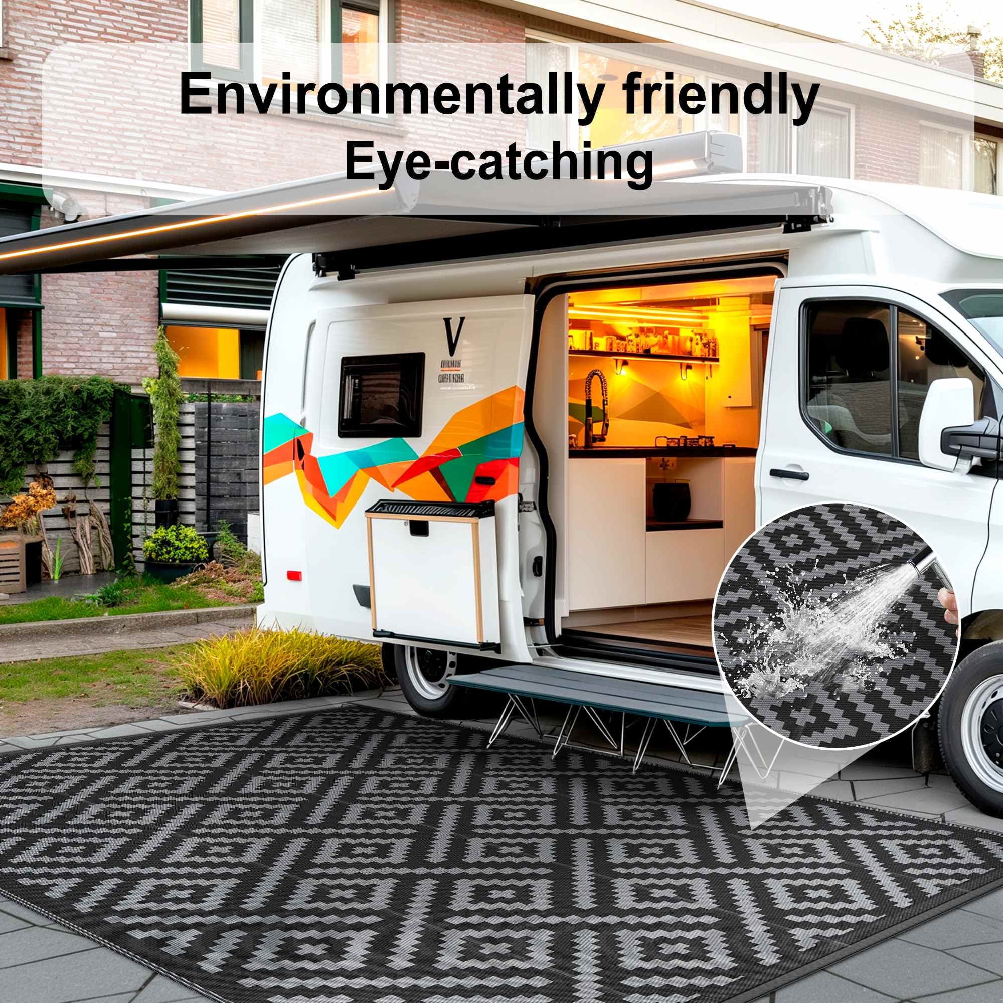 DEORAB Outdoor Rugs Waterproof Plastic Straw Mat 6'x9' Reversible for RV Patio Deck Beach Black & Gray