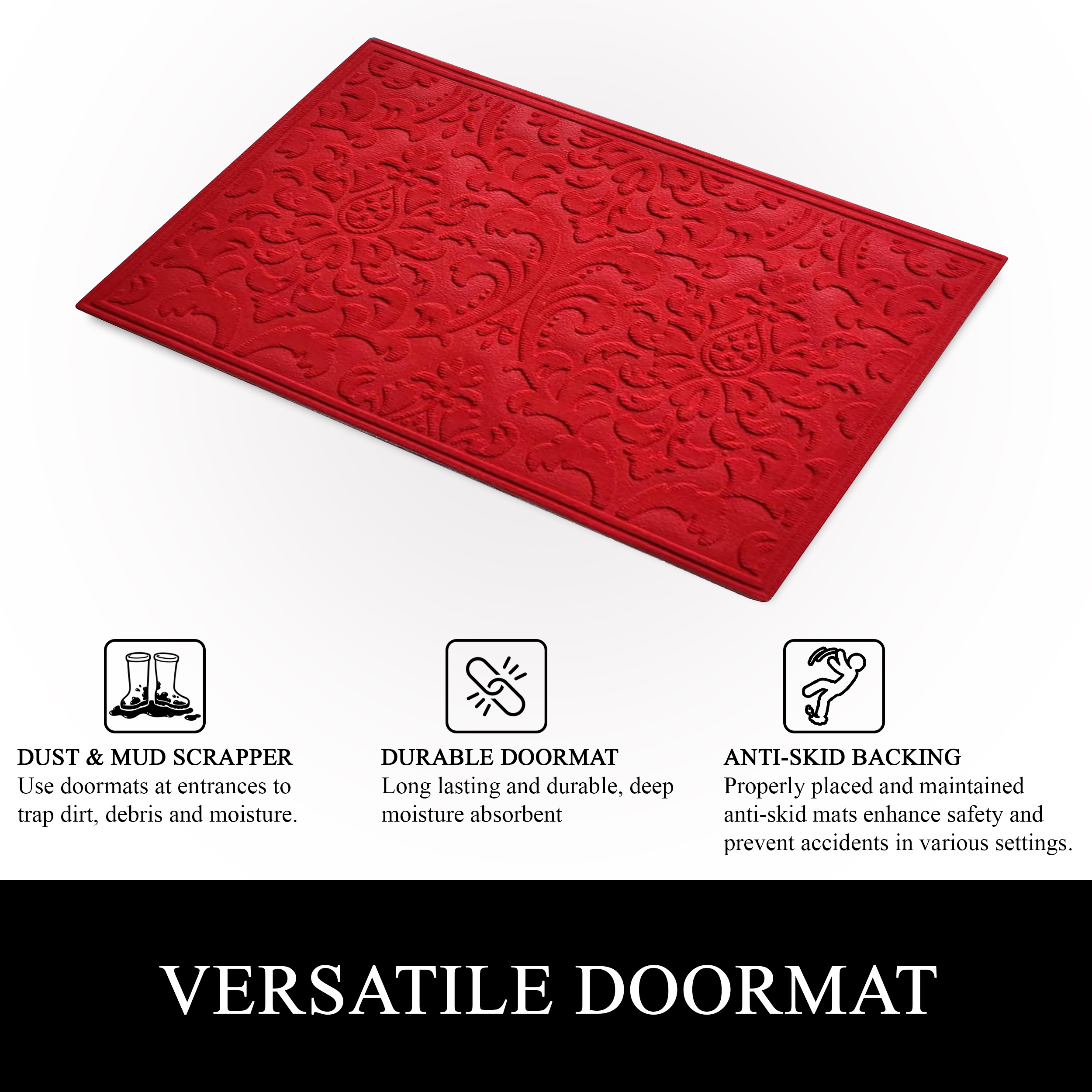 A1HC All Weather Dirt and Moisture Absorbing Polypropylene(PP) Door Mat with Tire Crumb Rubber Backing, Indoor Outdoor Use, Red, 24x36 Inch