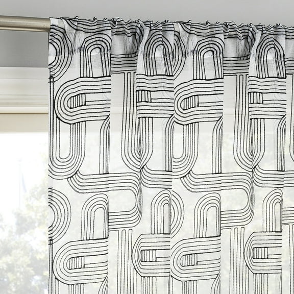 No. 918 Kaz Embroidered Retro Curves Sheer Curtain Panel, 1-Piece Rod Pocket Indoor Window Panel, 50”x84", Black/White