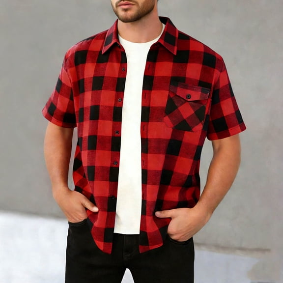 Fitted T Shirts for Men Gym Men's Plaid Button Shirt Short Sleeve Lightweight Breathable Plaid Shirts Loose Work Casual Classic Tops with Pockets Red 3XL