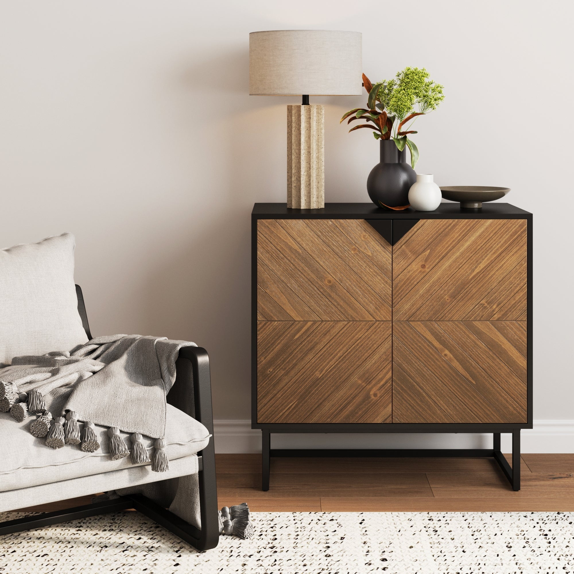 Nathan James Enloe Brushed Fir Rustic Doors Black Metal Frame Base Modern Accent Storage Cabinet for Entryway